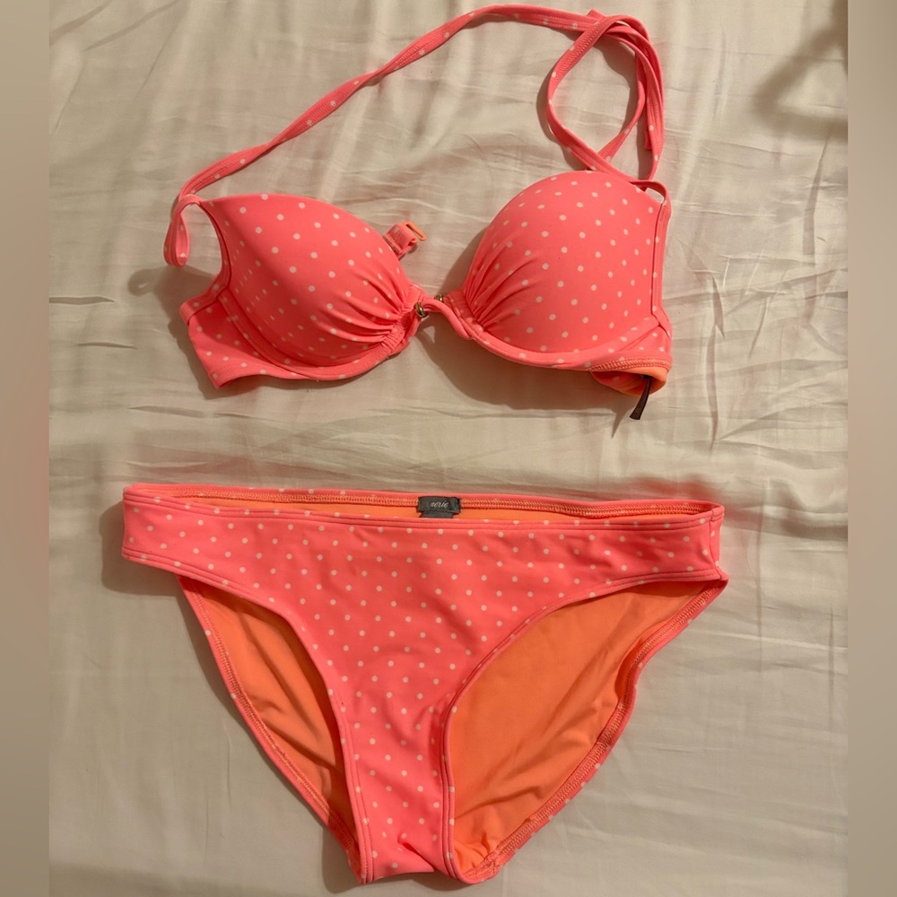 aerie Coral Pink Polka Dot 32B Bikini Set